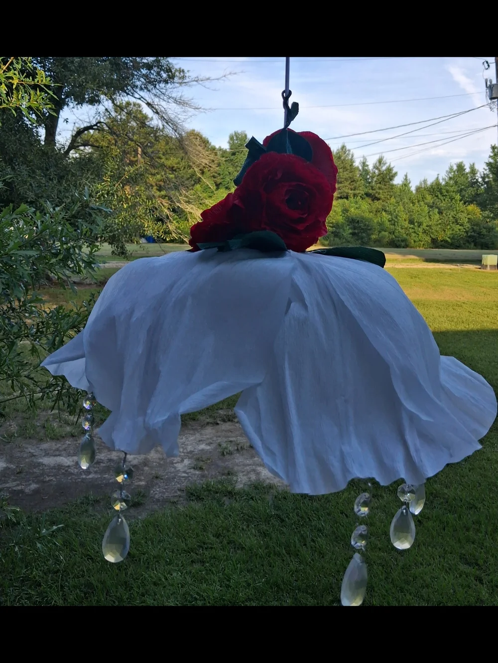 Handcrafted White Floral Hanging LED Lamp with Red Rose Accent
